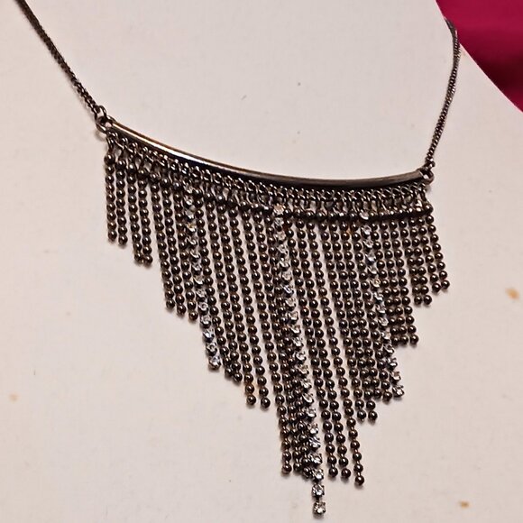 Handmade Gun Metal Rhinestone Fringe Statement Choker Fashion Necklace - Picture 3 of 8